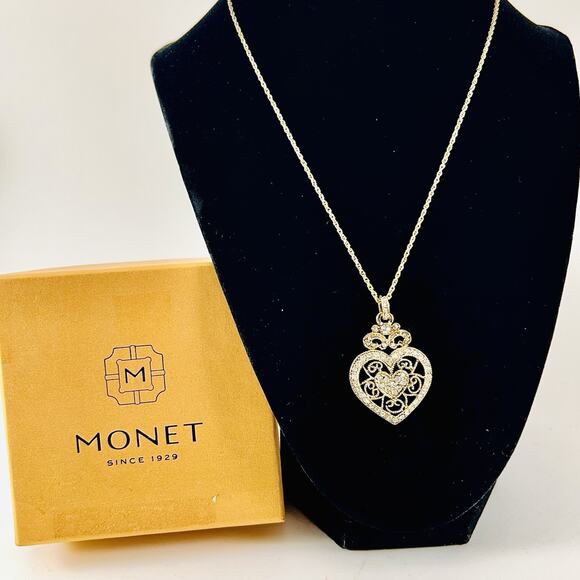 Monet Gold Tone Filigree Heart Pendant Necklace w/ Rhinestones & Box - Picture 1 of 5